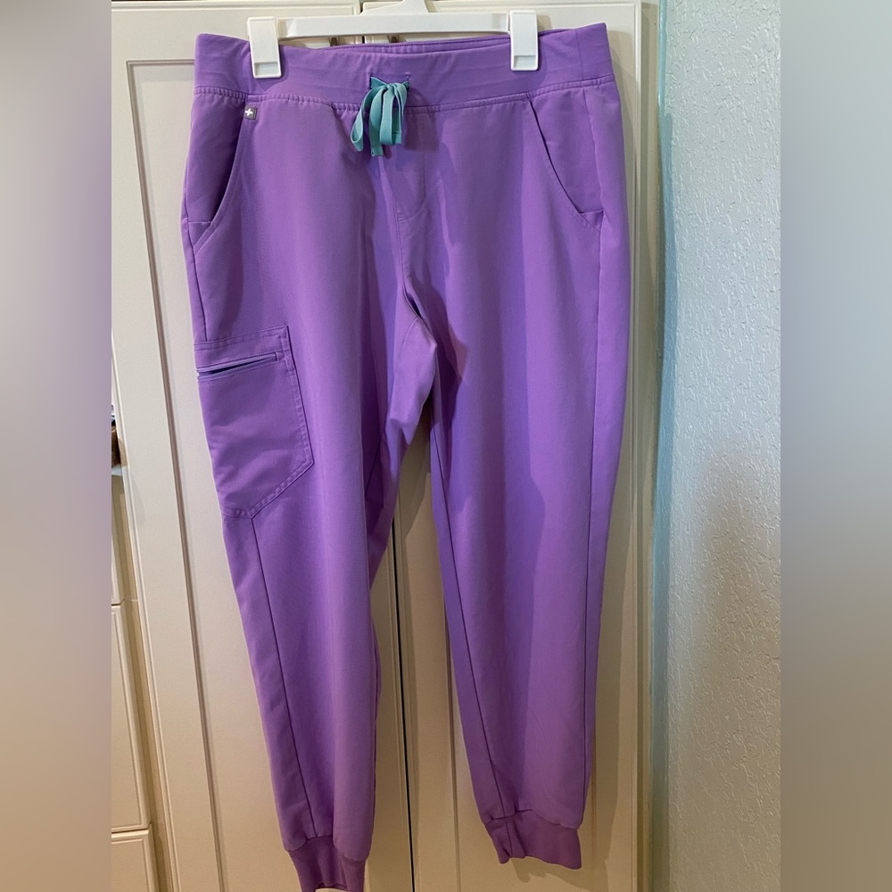 FIGS SET of THREE LARGE PANTS BOTTOMS EUC AS SEEN IN PICS PURPLE BLUE COLORS.